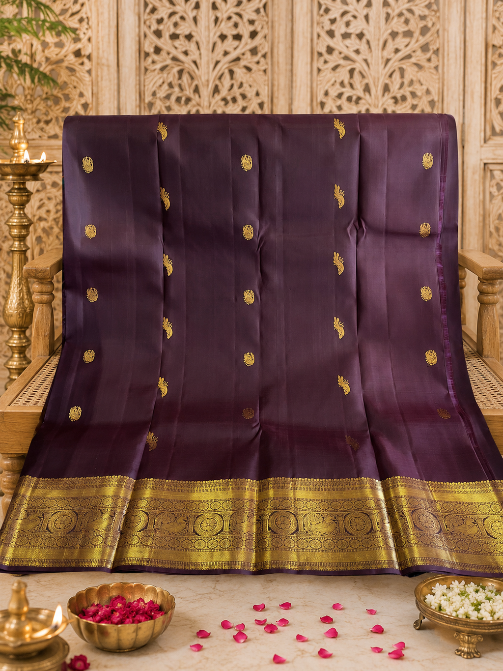 Kasturi: Coffee-Brown Kanjeevaram, Peacock-Coin Buttis