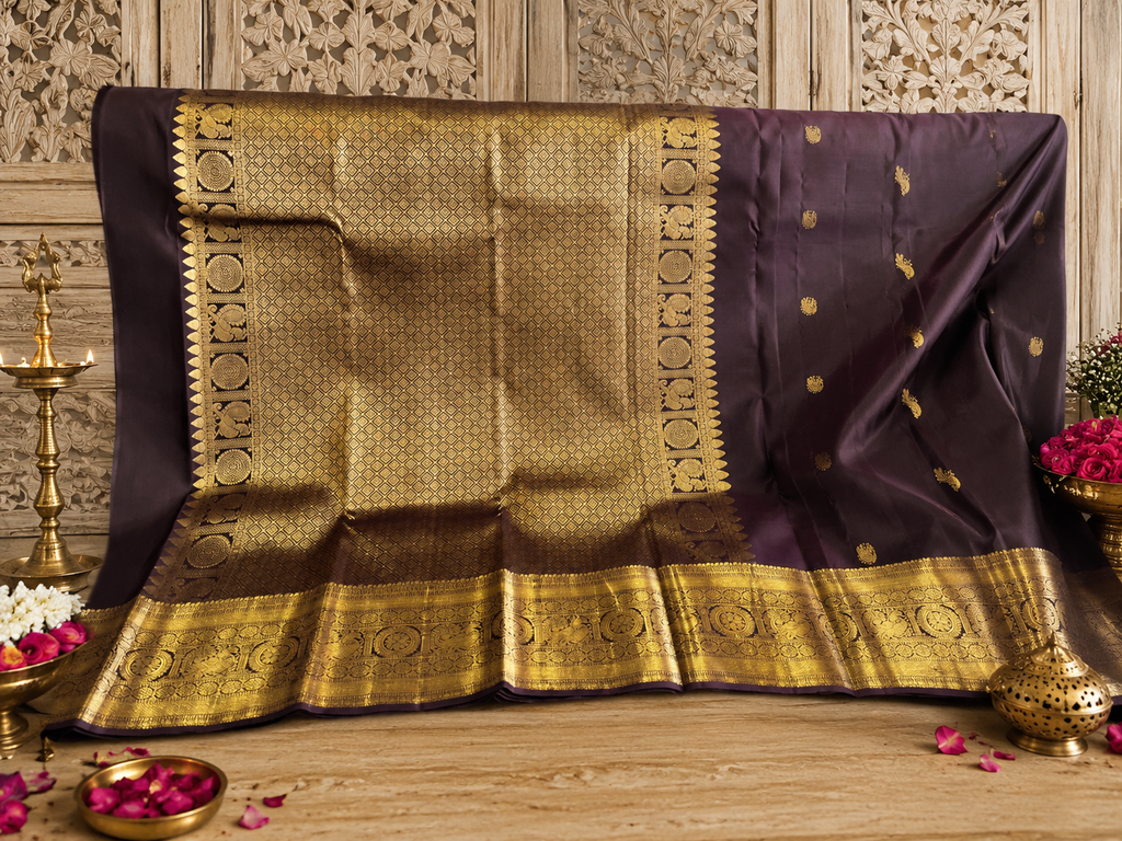 Kasturi: Coffee-Brown Kanjeevaram, Peacock-Coin Buttis
