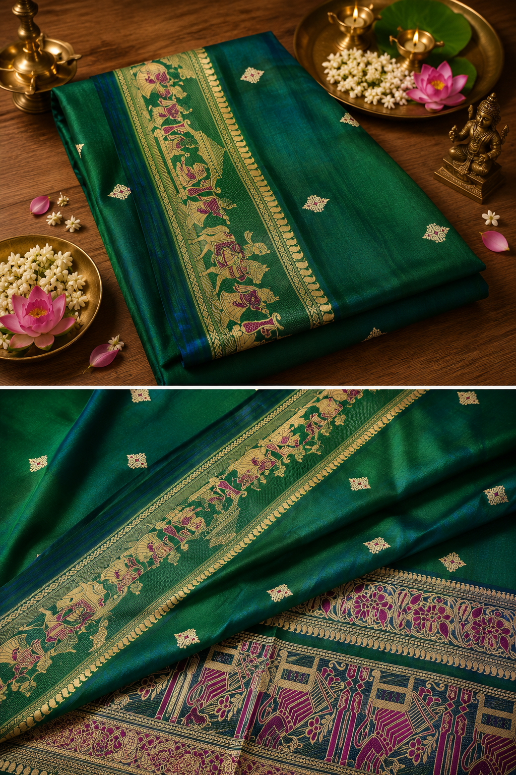 Shrestha: Two-Tone Emerald and Teal Revival Baluchari