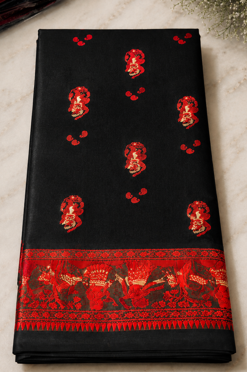Jwalamalini: Black Baluchari with Crimson Mythological Butti