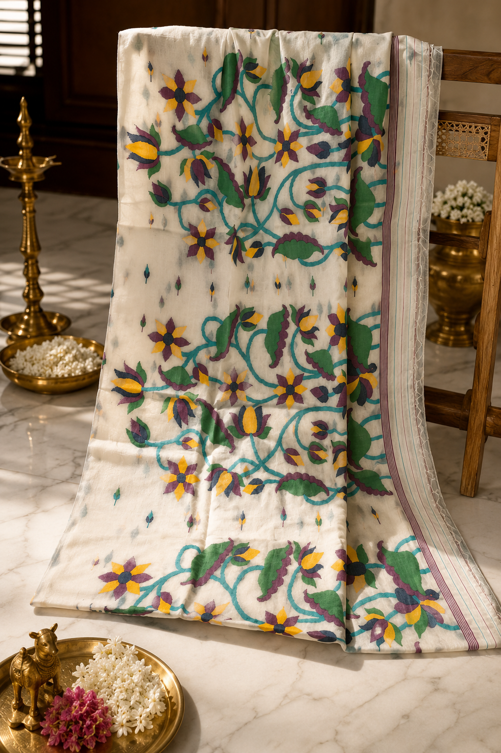 Latika · Ivory Muslin Jamdani with Tulip Trellis