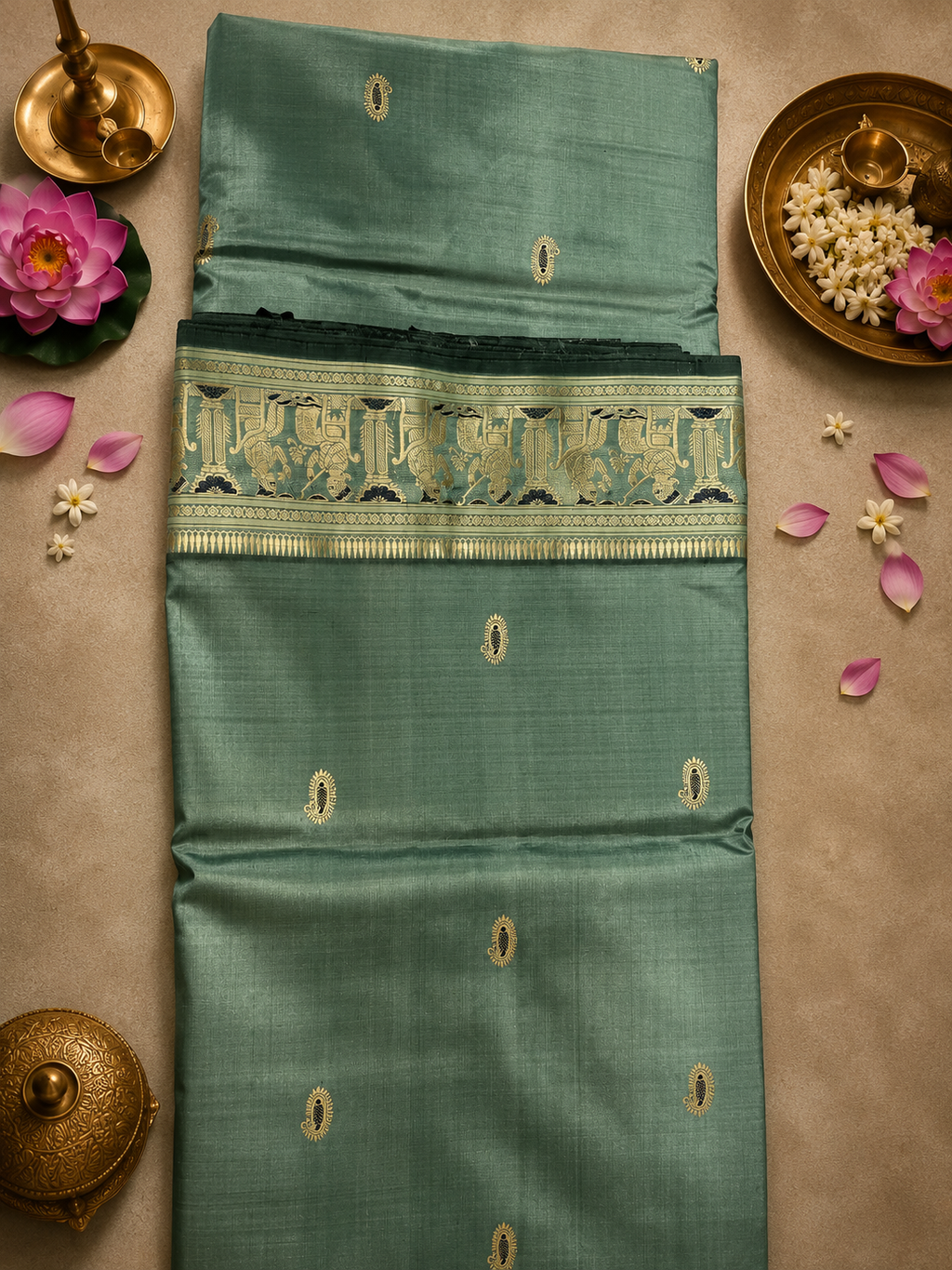 Saumya: Sage Teal Exquisite Revival Baluchari
