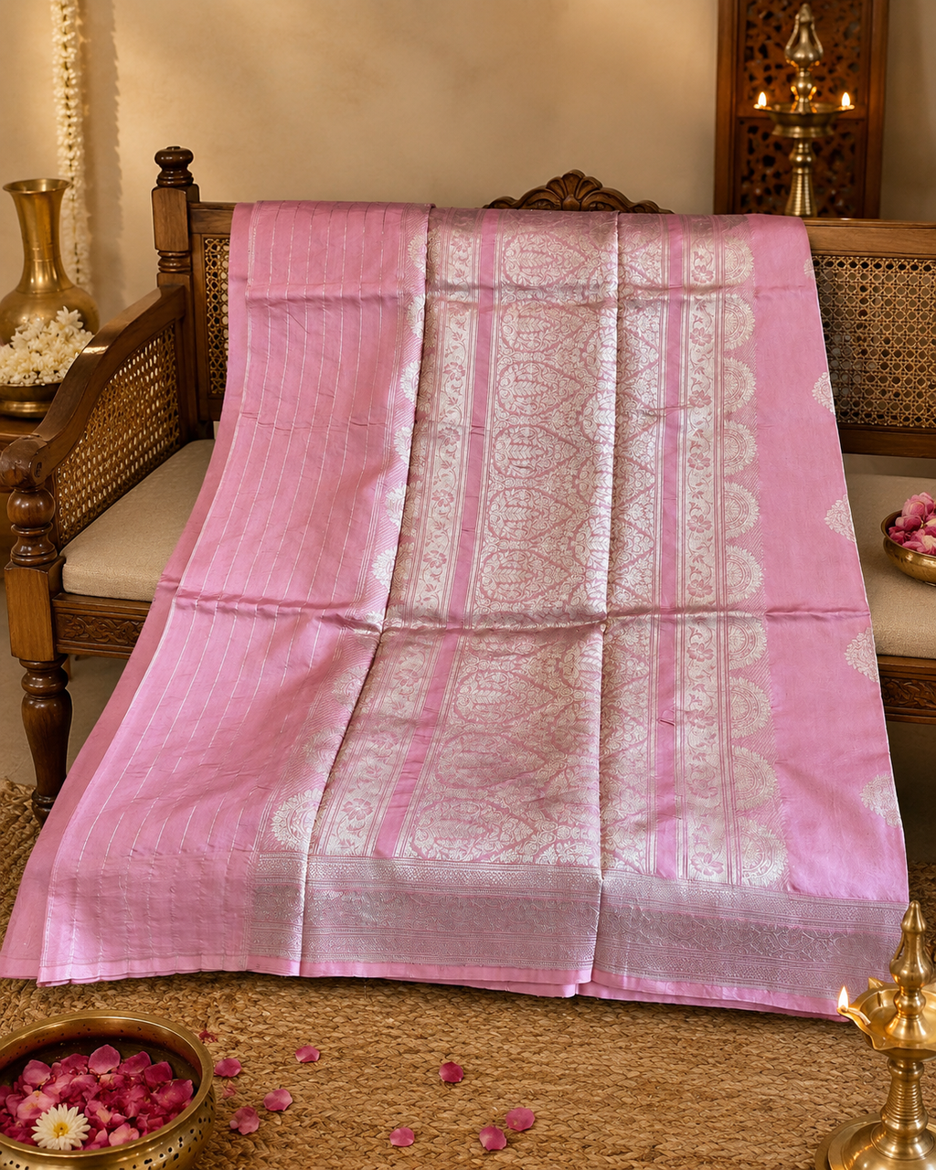 Sharmili: Silver Paisley Buttis on Blush Pink Banarasi