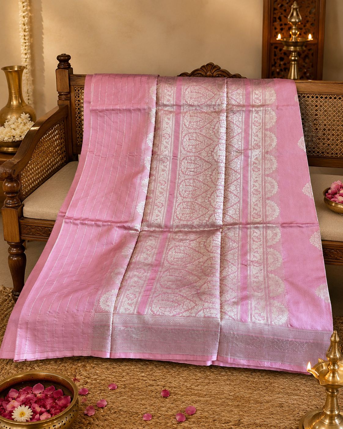 Sharmili: Silver Paisley Buttis on Blush Pink Banarasi