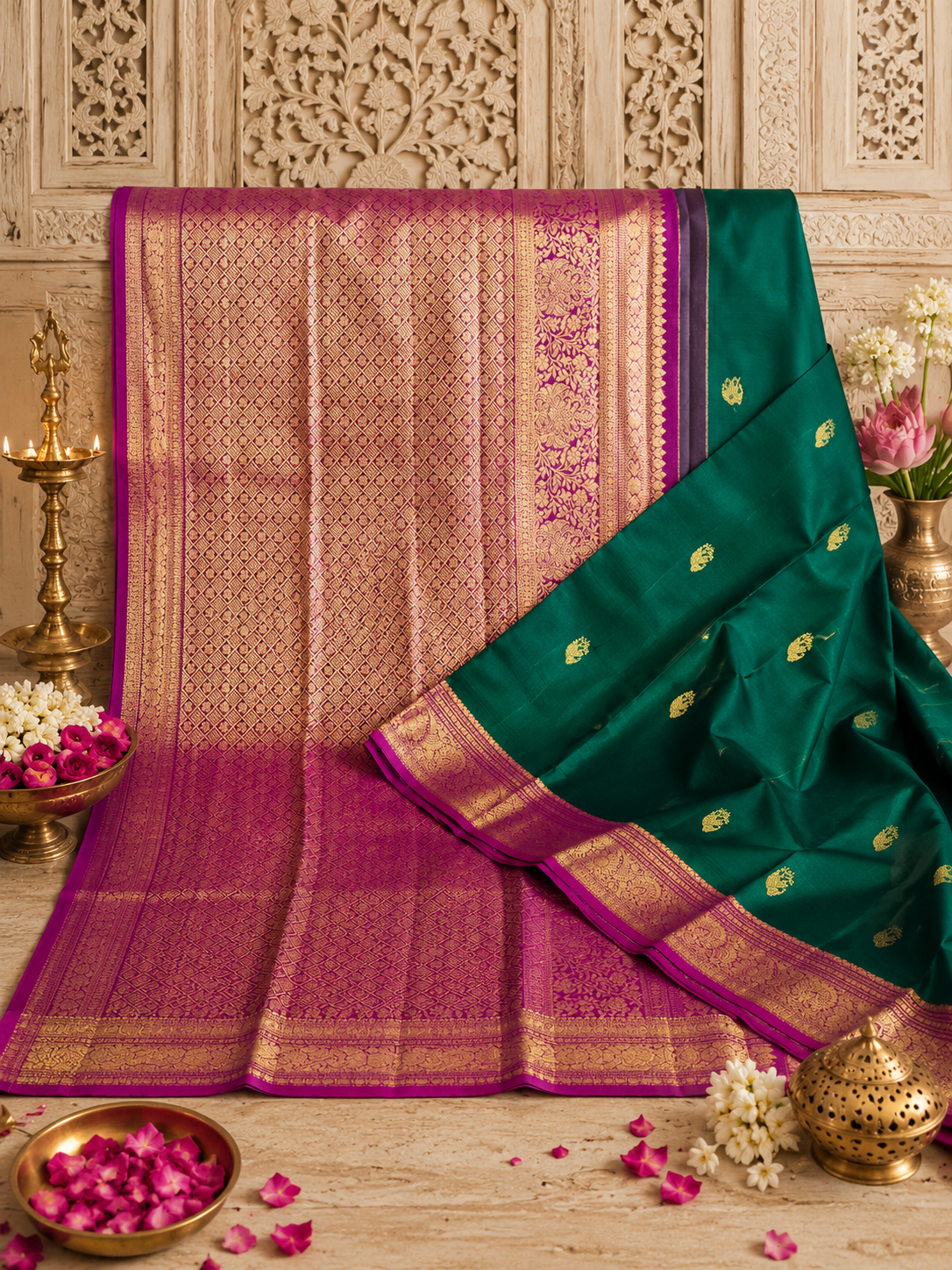 Panna: Emerald Green Kanjeevaram with Wide Magenta Border