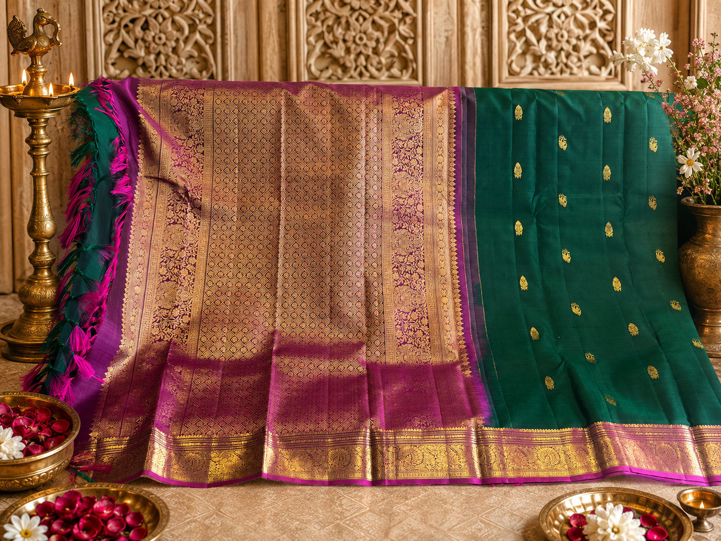 Panna: Emerald Green Kanjeevaram with Wide Magenta Border
