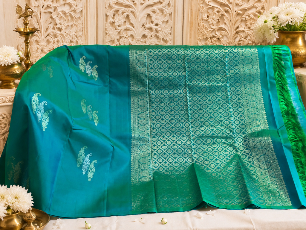 Morpankhi: Peacock-Teal Borderless Kanjeevaram