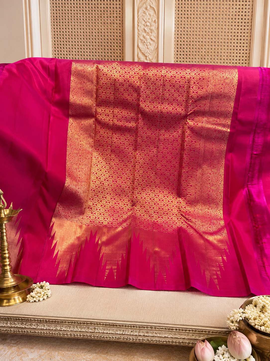 Gulal: Rani Pink Kanjeevaram with Temple Gold Border