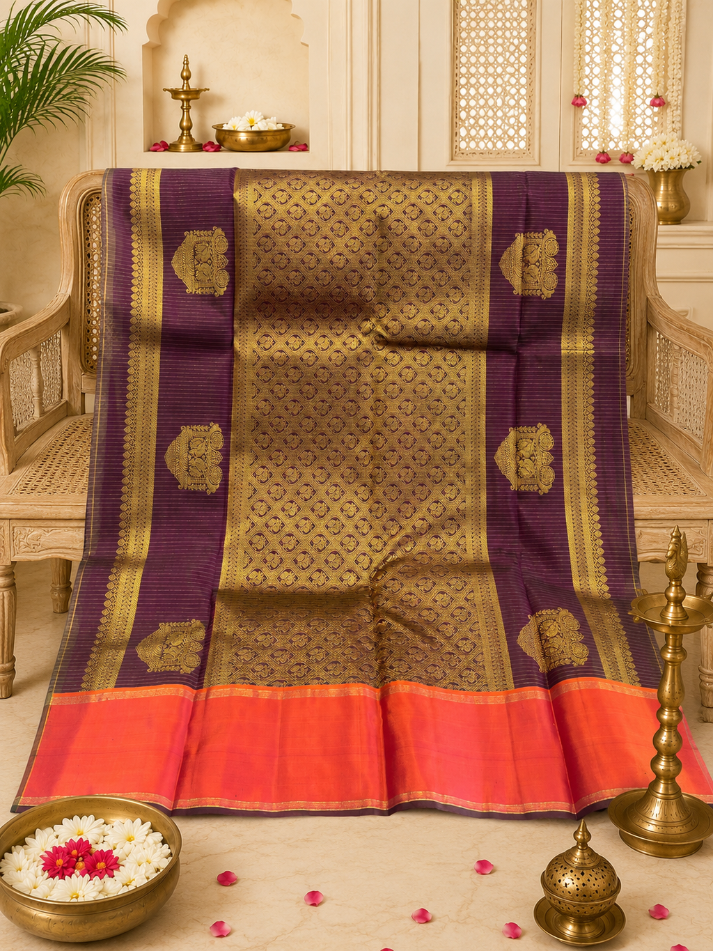 Ashwini: Purple Kattam Kanjeevaram, Korvai Coral Border