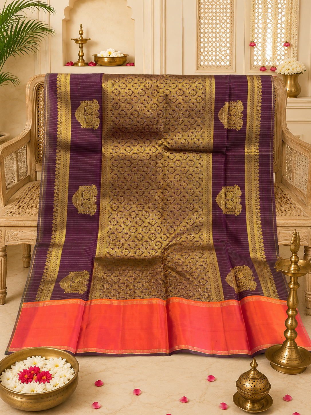 Ashwini: Purple Kattam Kanjeevaram, Korvai Coral Border
