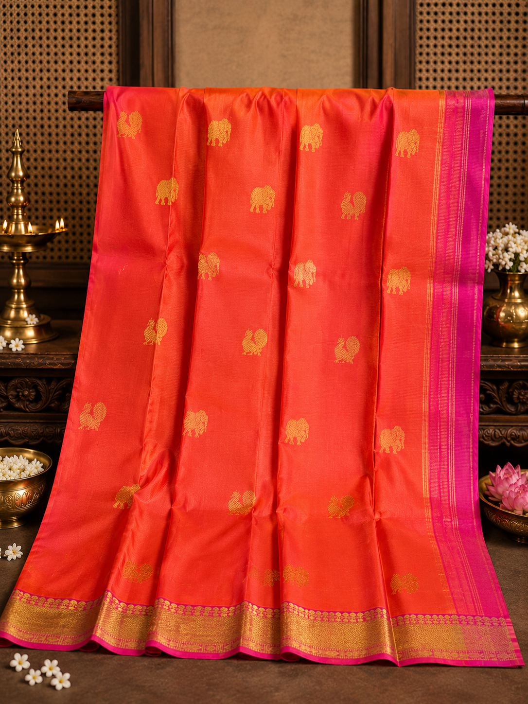 Prabala: Korvai Border, Coral-Pink Vairaoosi Kanjeevaram
