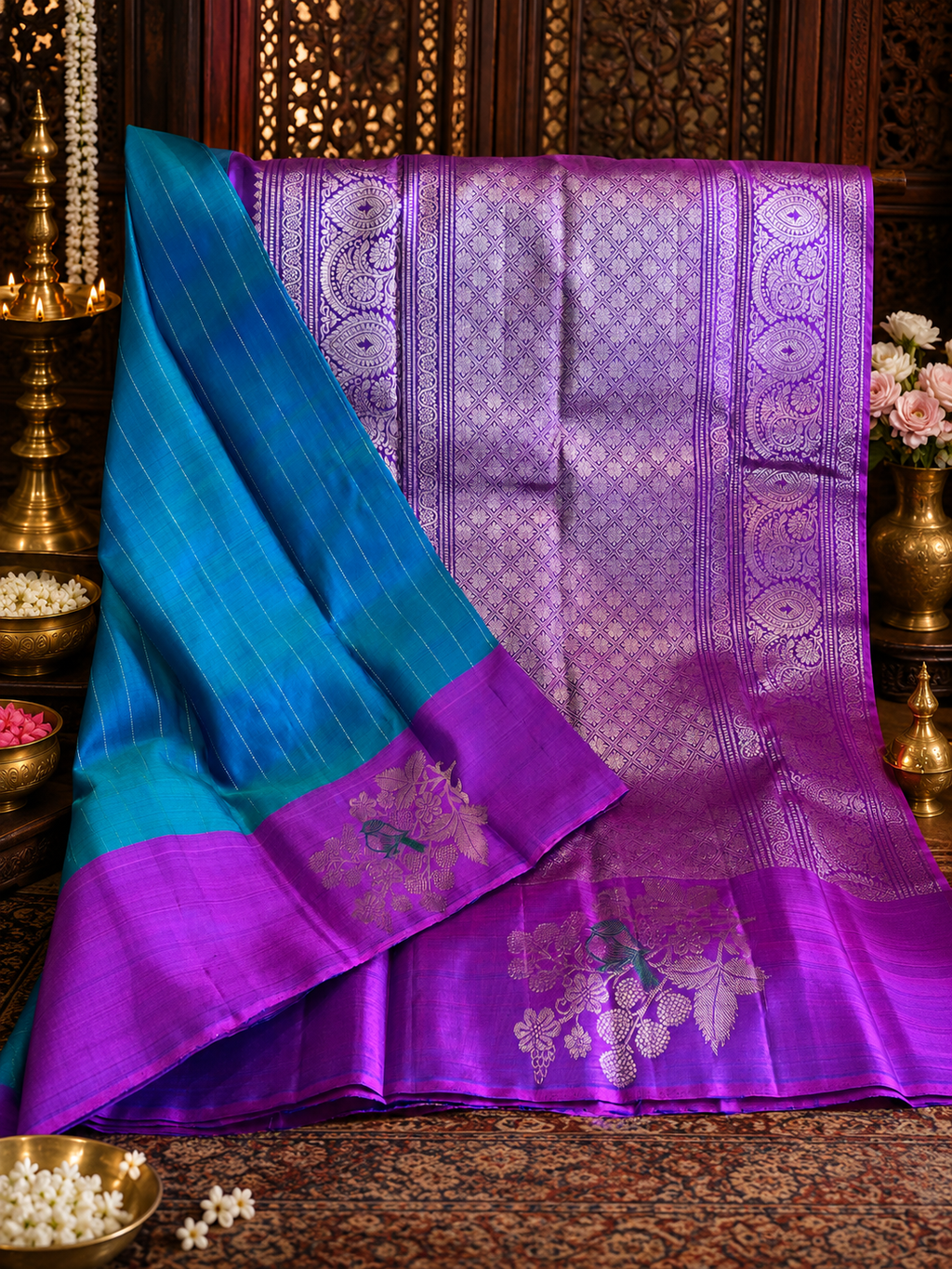 Chiriya: Teal Kanjeevaram with Threadwork Bird Motifs