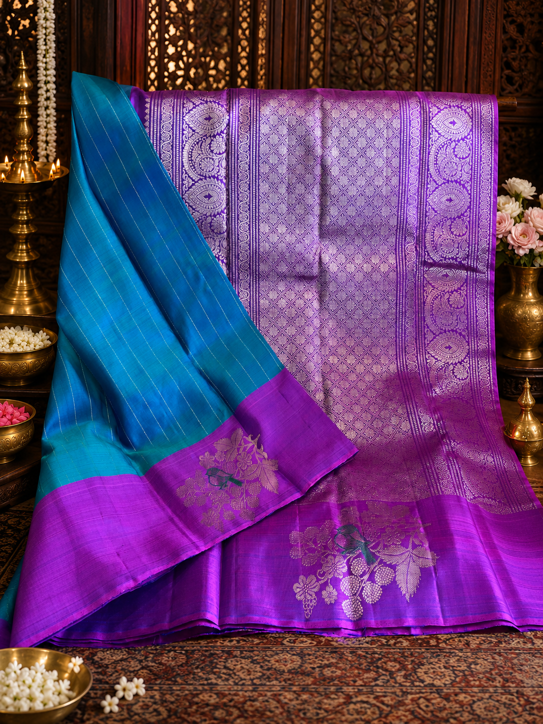 Chiriya: Teal Kanjeevaram with Threadwork Bird Motifs