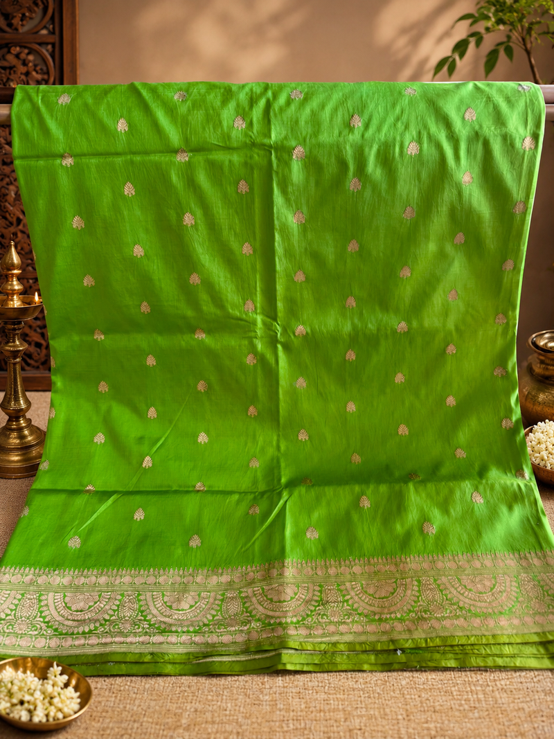 Pallavi: Pure Silk Parrot Green Benarasi
