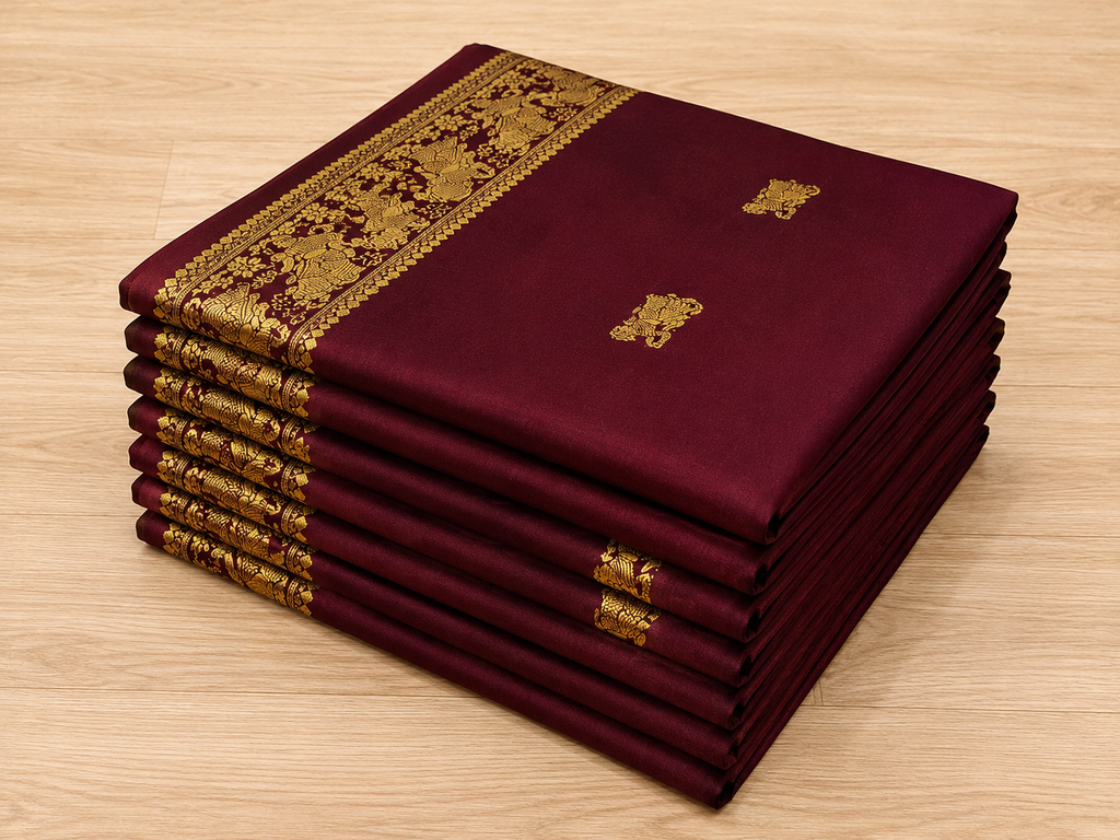 Nisha: Deep Wine Baluchari with Gold Figurative Butti