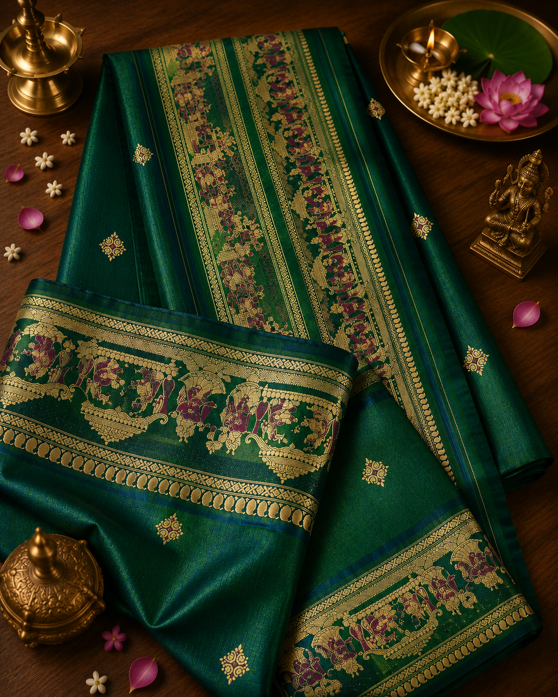 Shrestha: Two-Tone Emerald and Teal Revival Baluchari