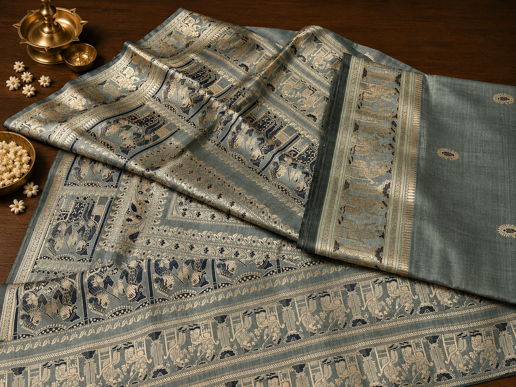 Saumya: Sage Teal Exquisite Revival Baluchari