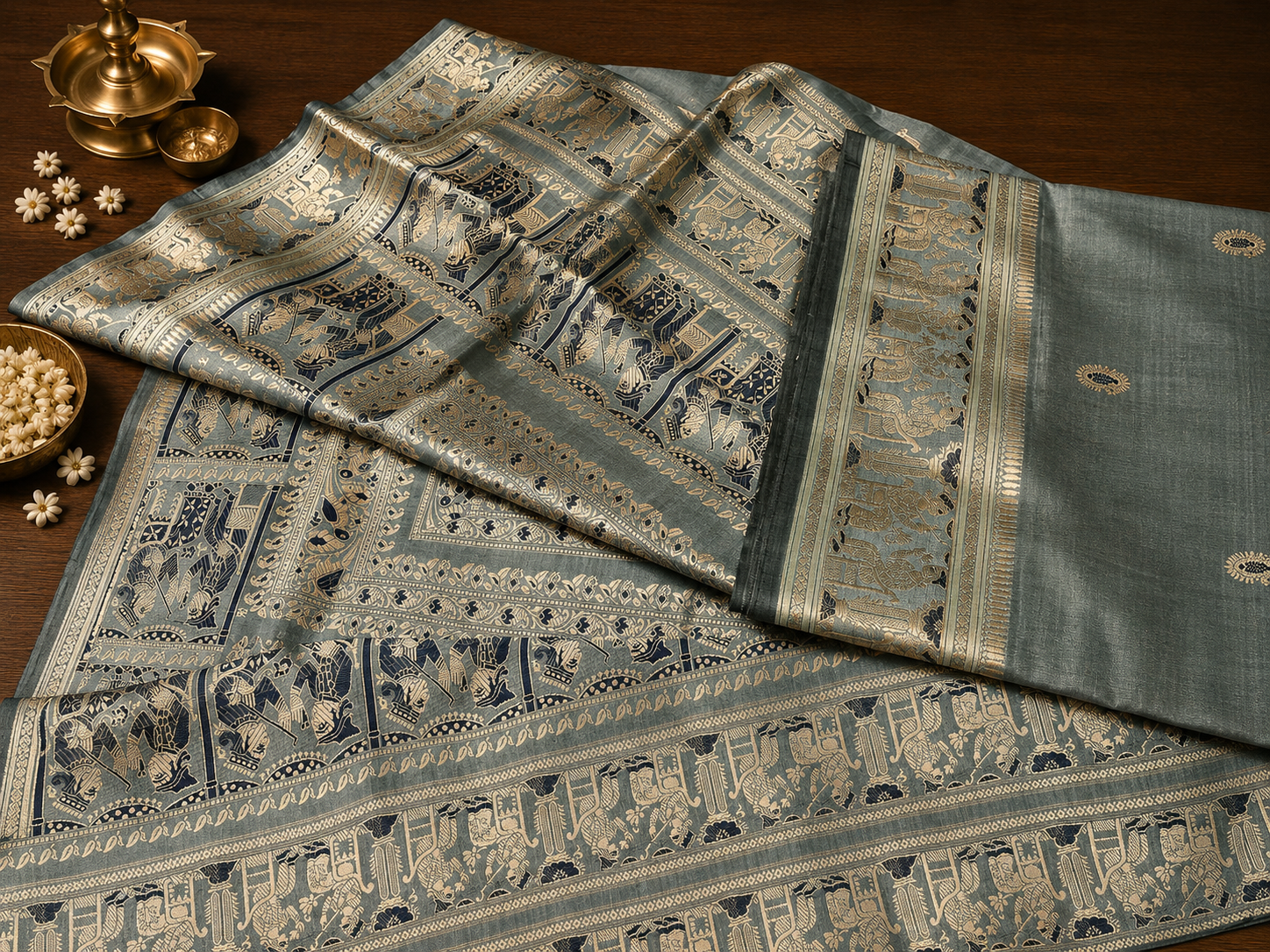 Saumya: Sage Teal Exquisite Revival Baluchari