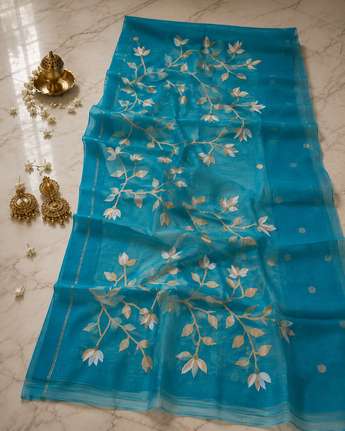 Meghna: Turquoise Handwoven Muslin Jamdani