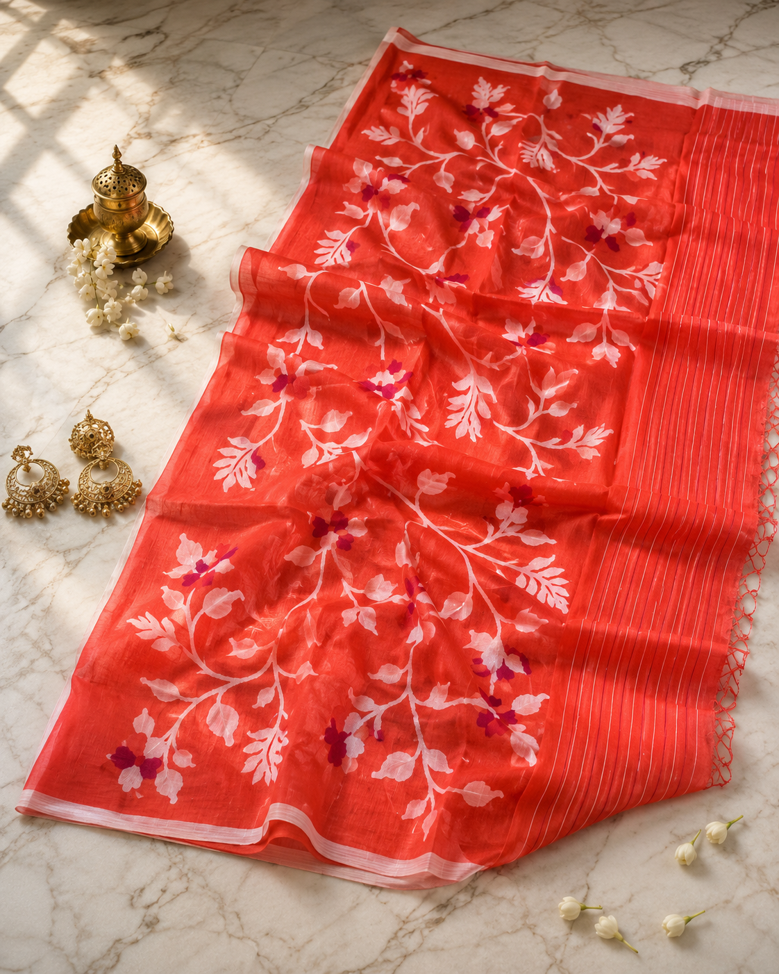 Prabala: Coral Muslin Handwoven Jamdani