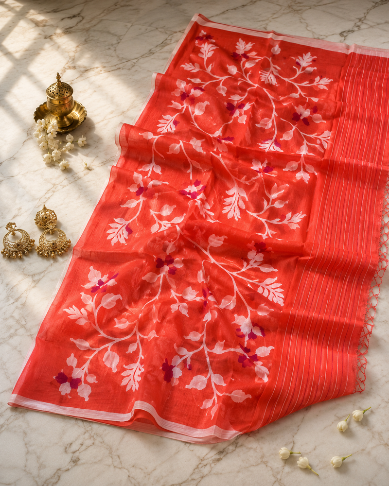 Prabala: Coral Muslin Handwoven Jamdani