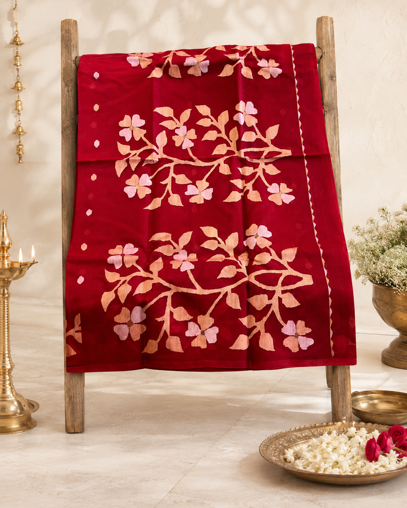 Sindoora: Crimson Handwoven Muslin Jamdani