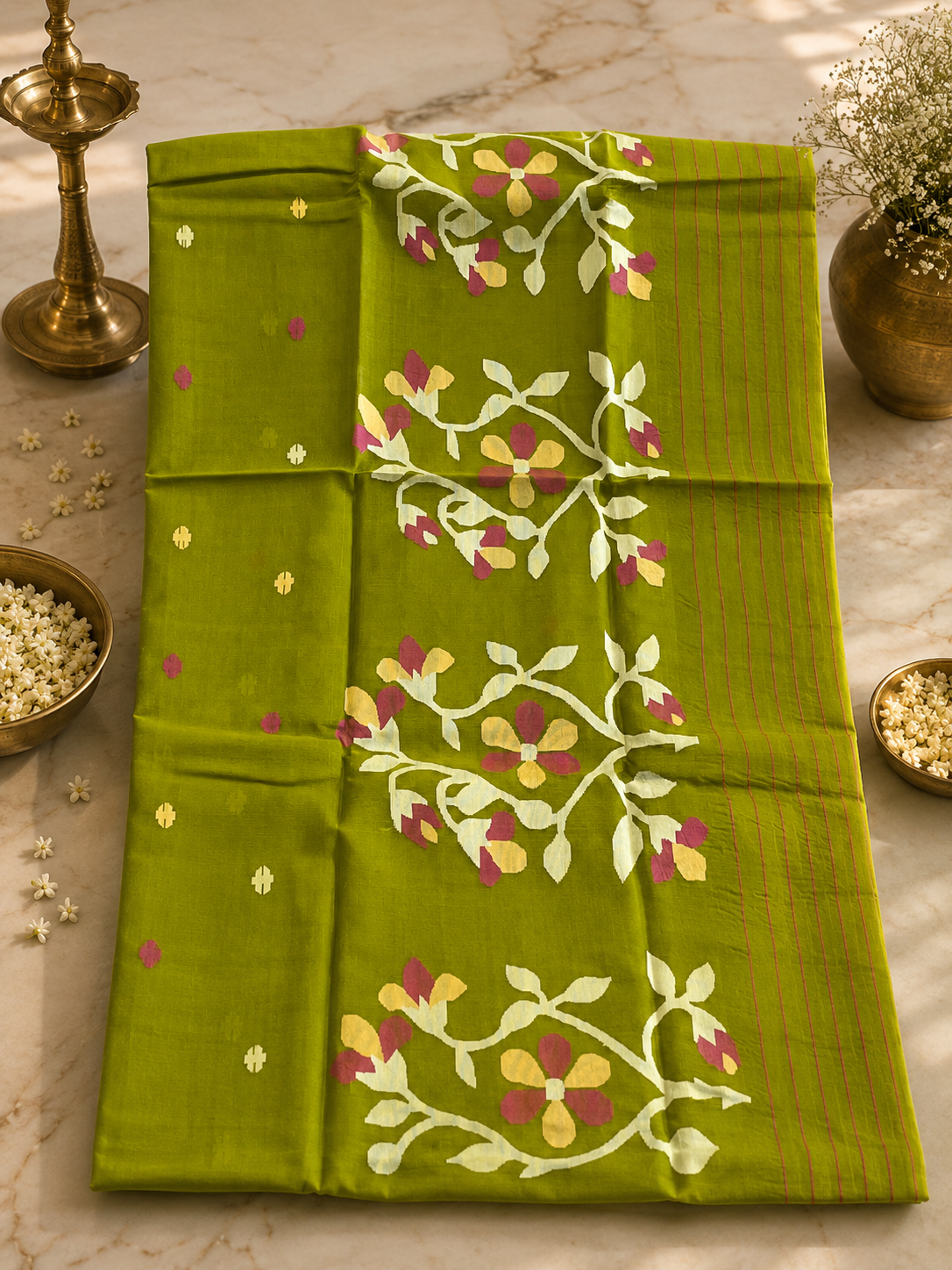 Falguni: Mehendi Green Handwoven Jamdani