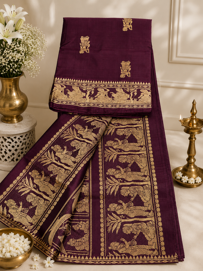 Nisha: Deep Wine Baluchari with Gold Figurative Butti