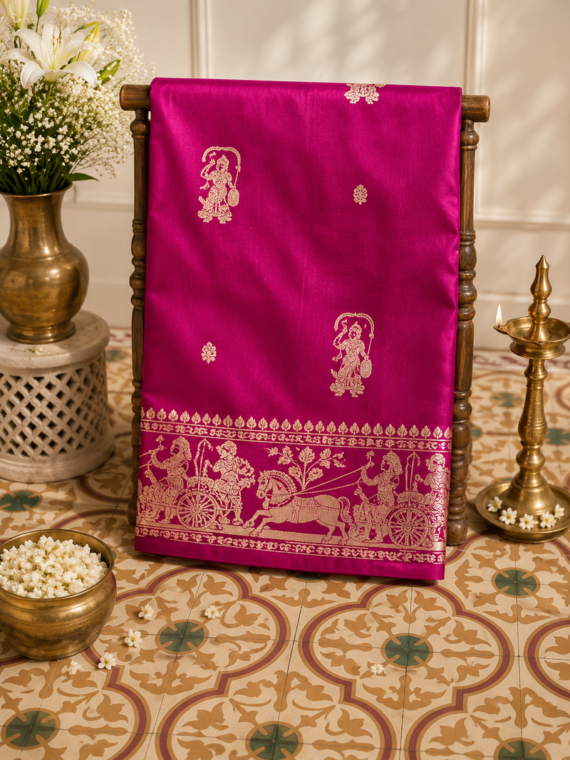 Alta: Rani Pink Baluchari with Gold Butti and Chariot Border
