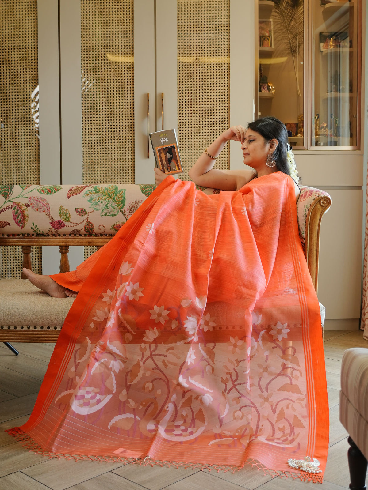 Dipshika: Flame Orange Matka Jamdani