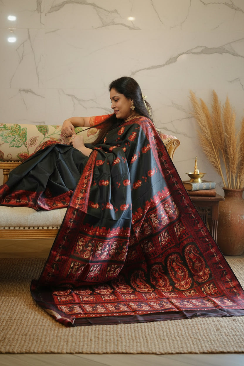 Jwalamalini: Black Baluchari with Crimson Mythological Butti