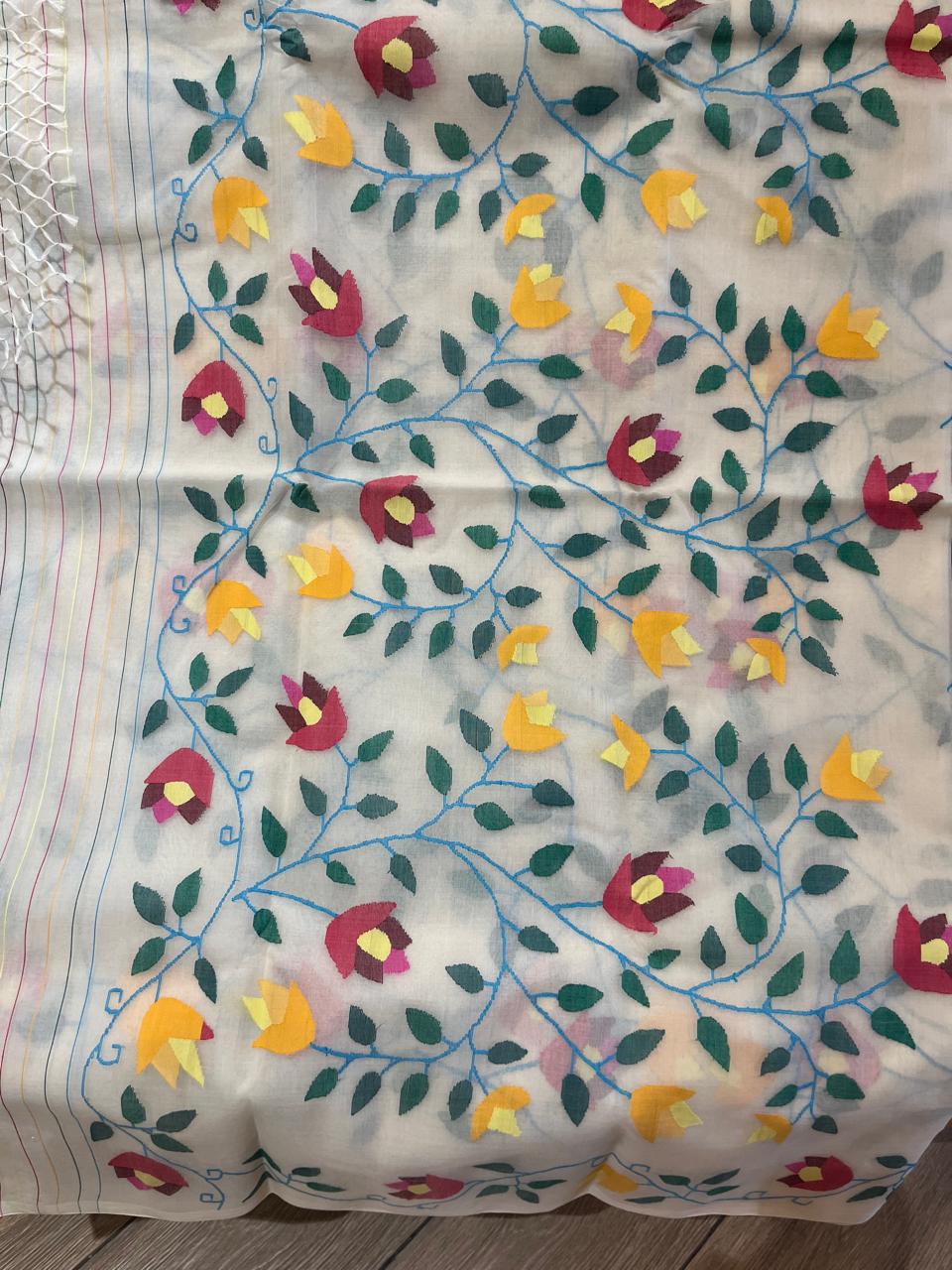 Amoolya: Dense Rose Trellis on Pure Muslin Jamdani