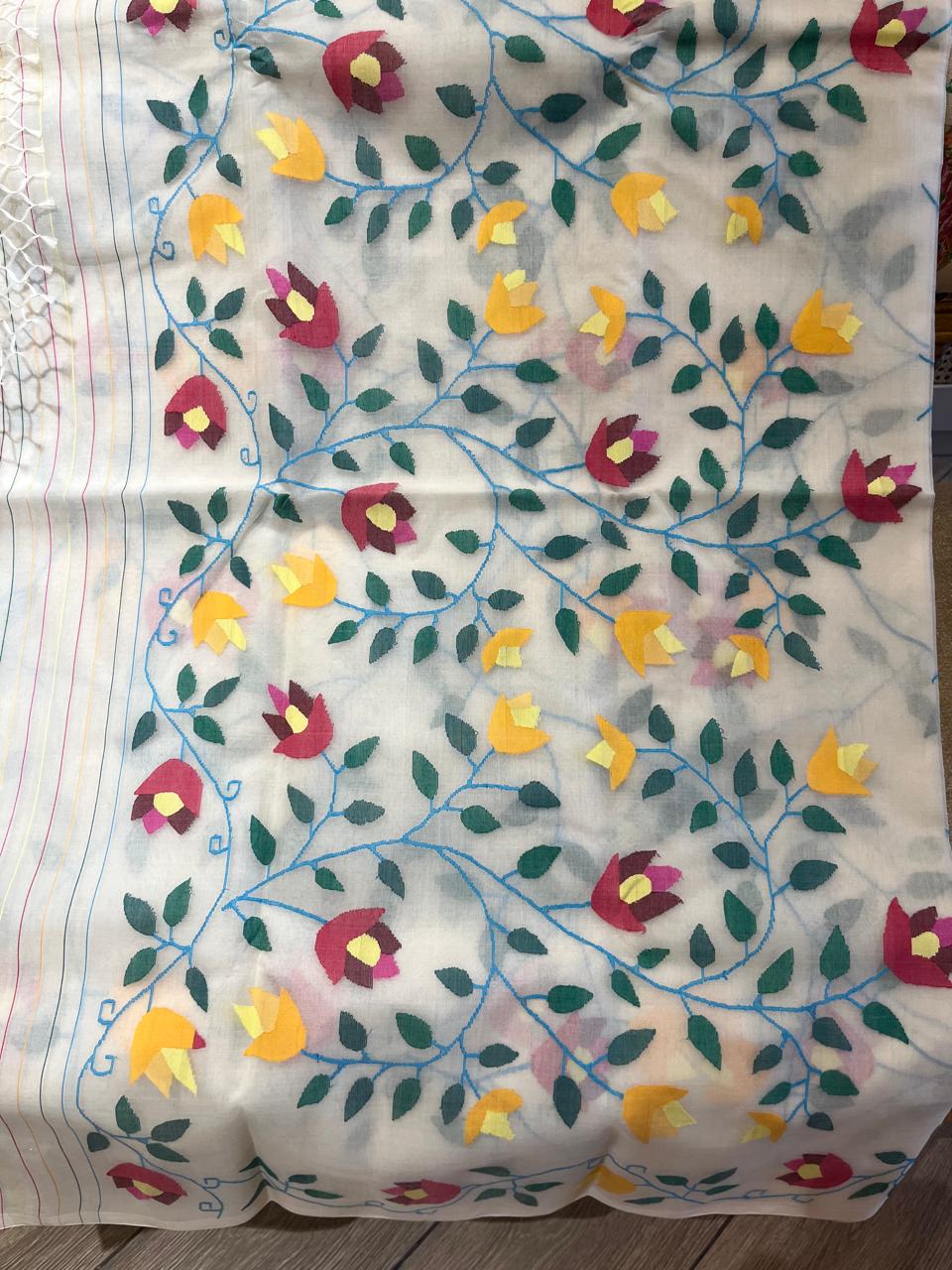 Amoolya: Dense Rose Trellis on Pure Muslin Jamdani
