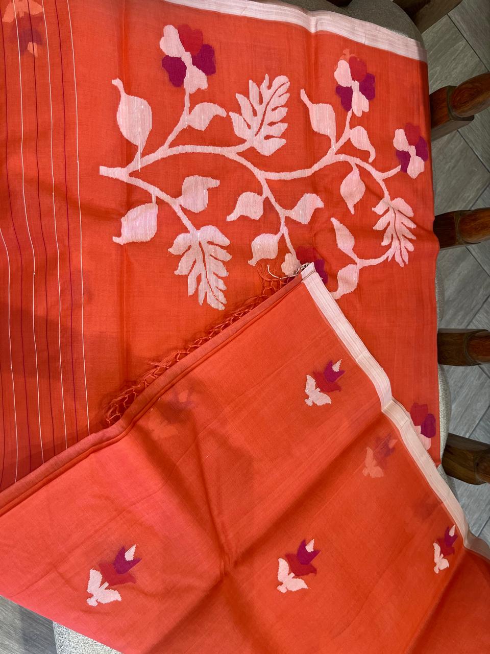Prabala: Coral Muslin Handwoven Jamdani