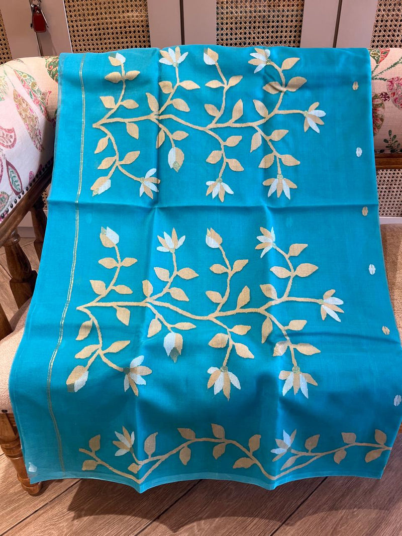 Meghna: Turquoise Handwoven Muslin Jamdani