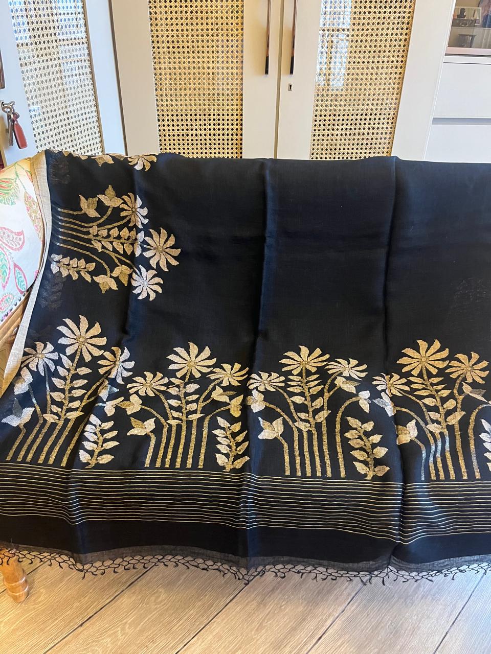 Sumalini: Resplendent Black Linen Jamdani