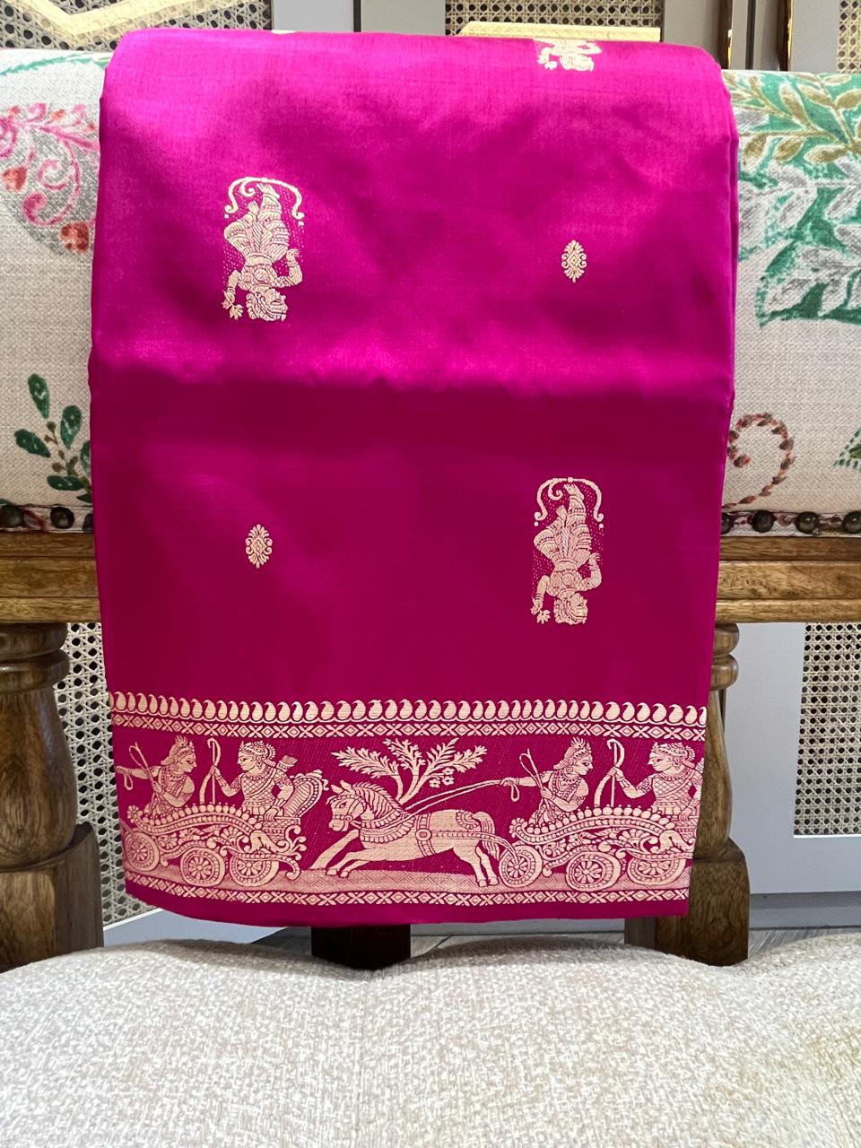 Alta: Rani Pink Baluchari with Gold Butti and Chariot Border