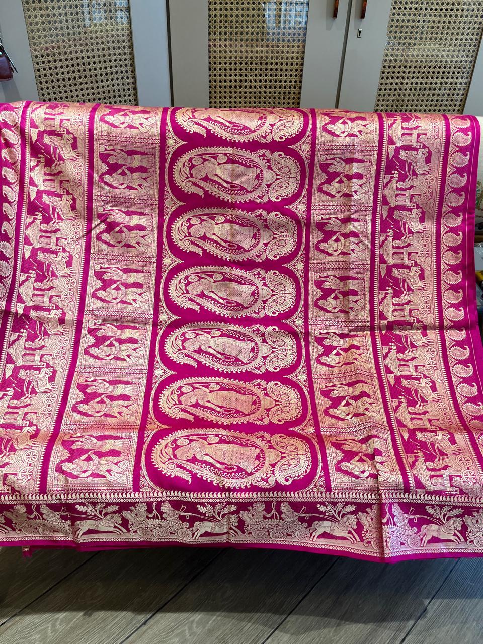 Alta: Rani Pink Baluchari with Gold Butti and Chariot Border