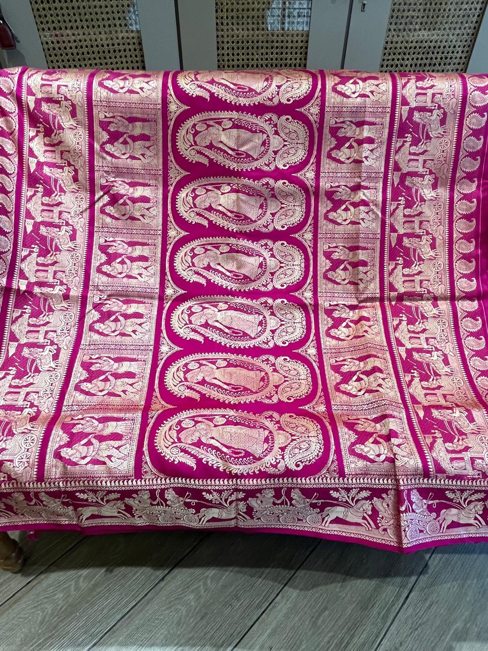 Alta: Rani Pink Baluchari with Gold Butti and Chariot Border