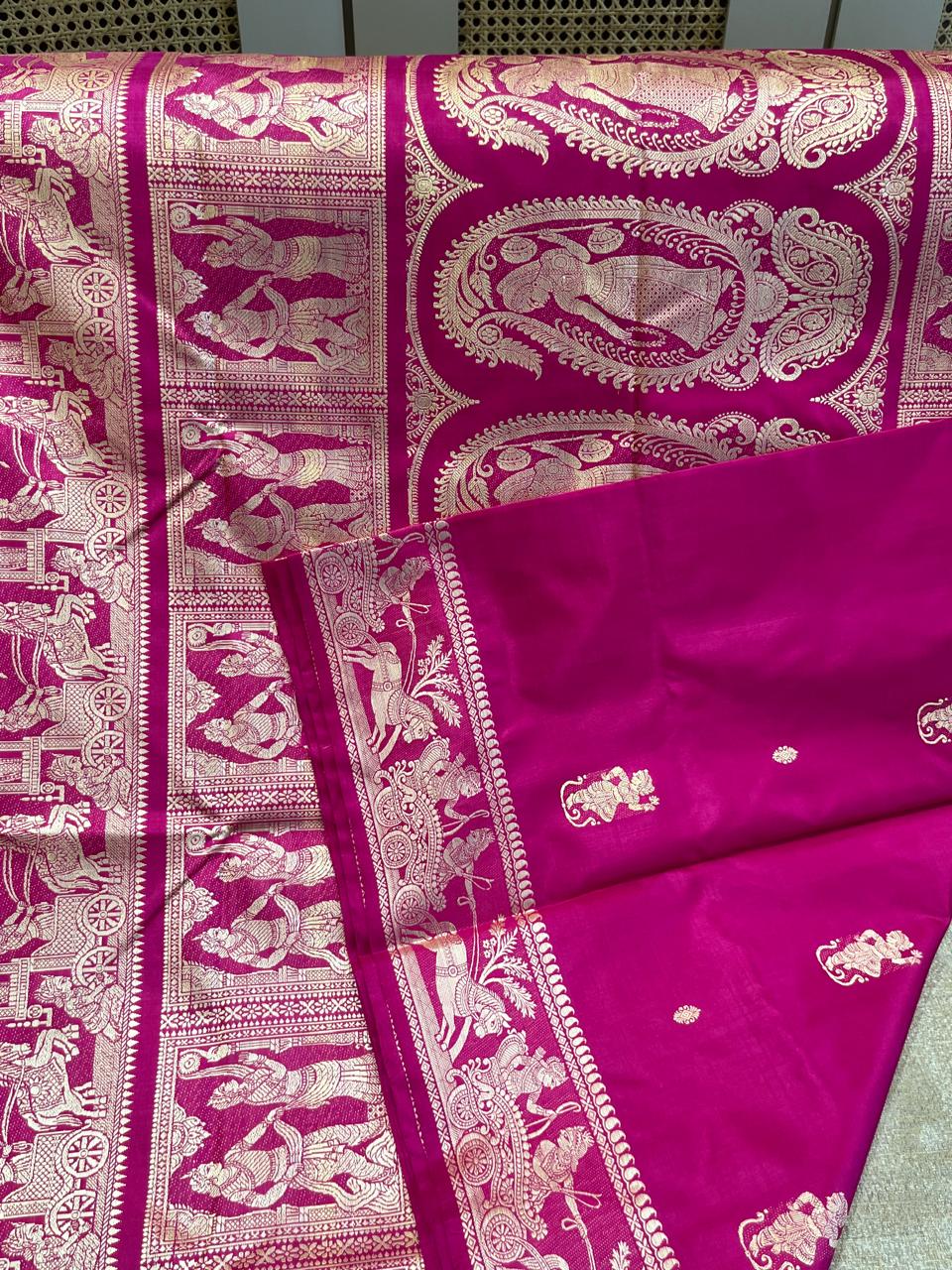 Alta: Rani Pink Baluchari with Gold Butti and Chariot Border