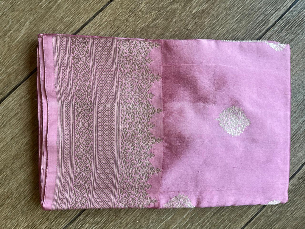 Sharmili: Silver Paisley Buttis on Blush Pink Banarasi