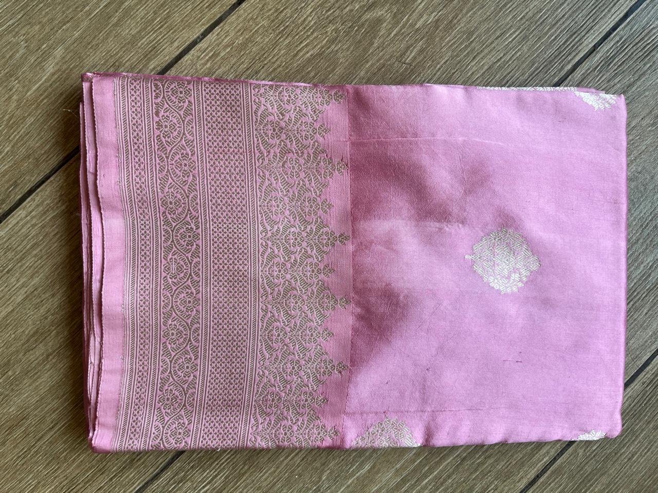 Sharmili: Silver Paisley Buttis on Blush Pink Banarasi