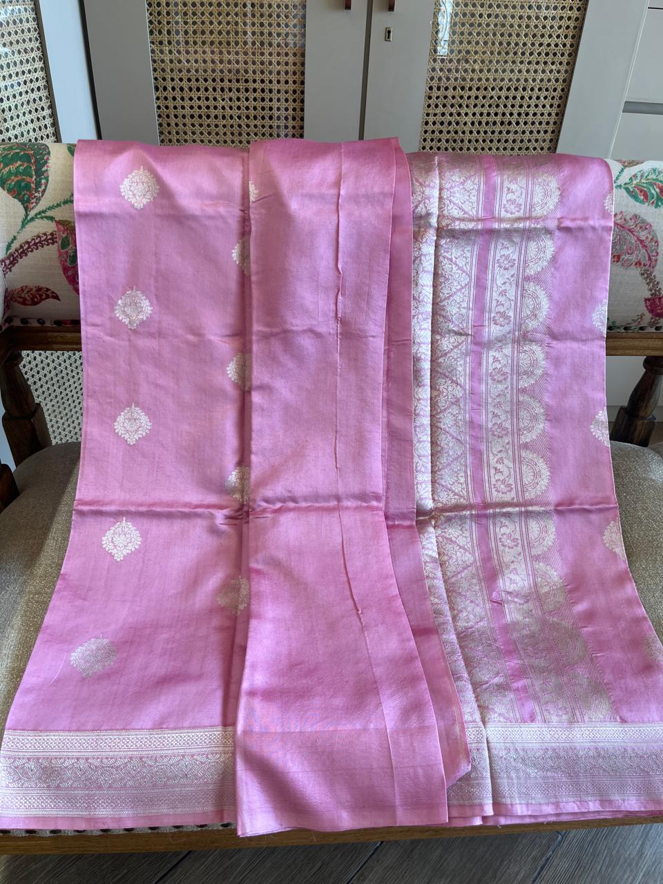 Sharmili: Silver Paisley Buttis on Blush Pink Banarasi