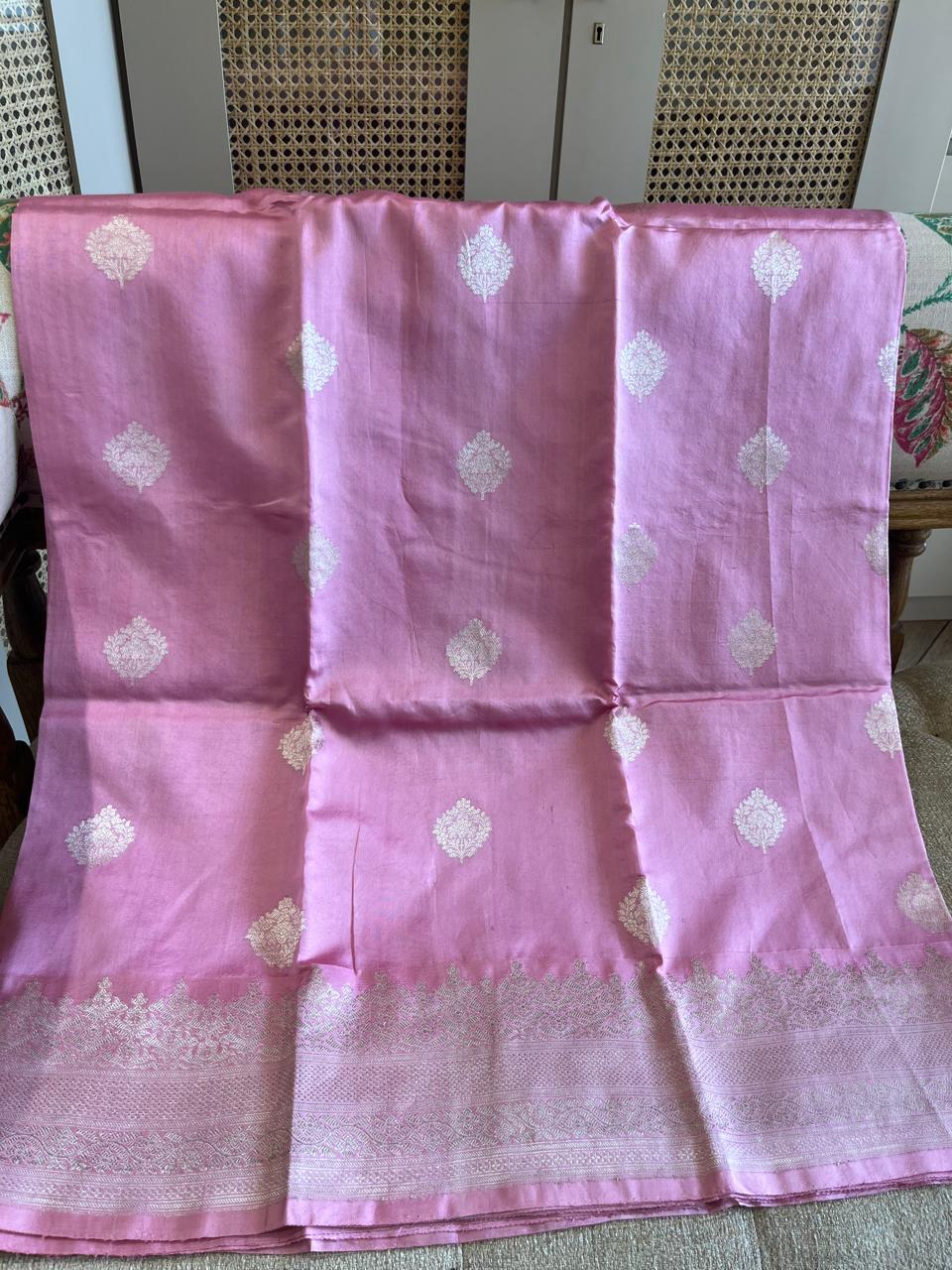 Sharmili: Silver Paisley Buttis on Blush Pink Banarasi