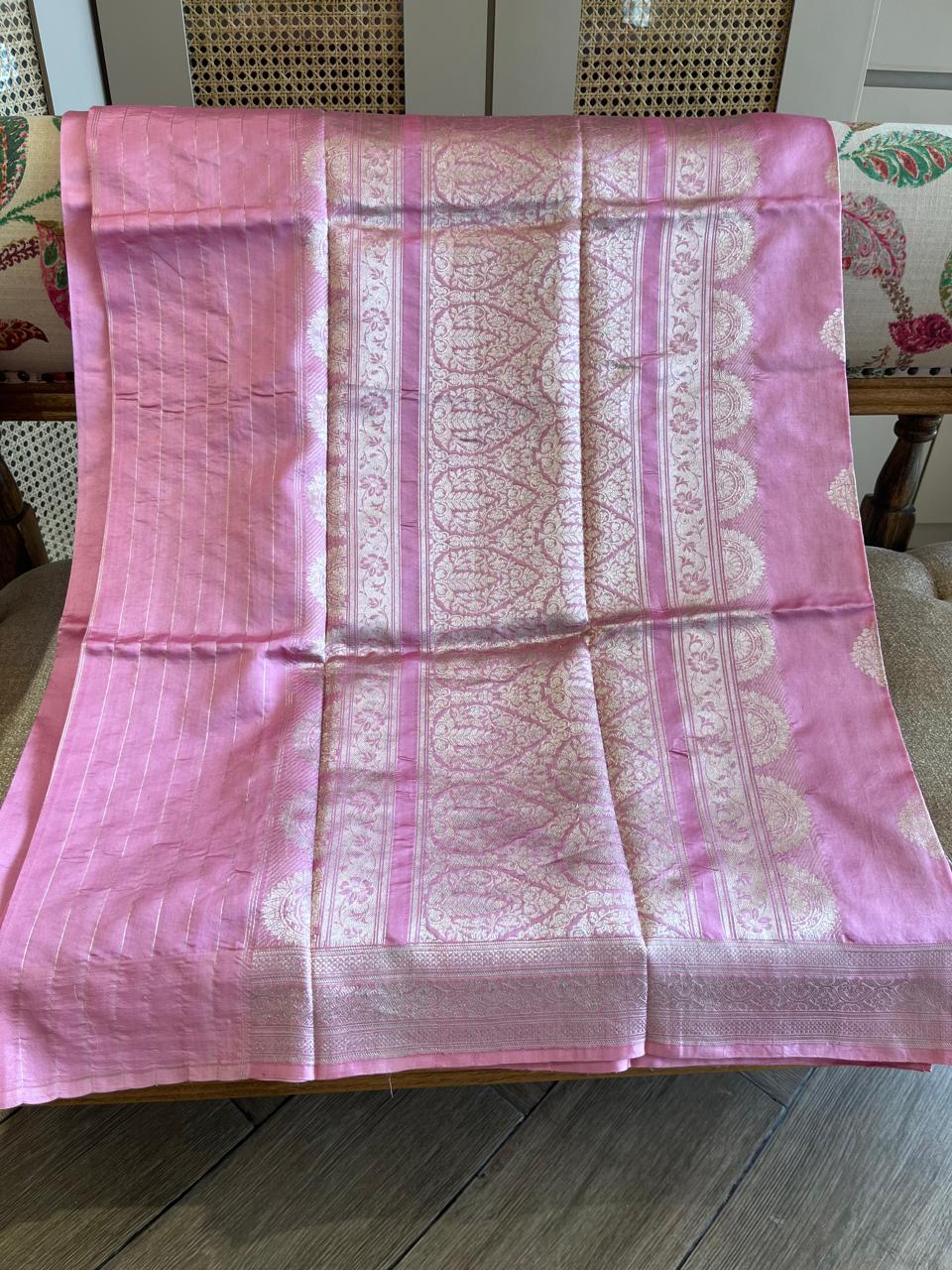 Sharmili: Silver Paisley Buttis on Blush Pink Banarasi
