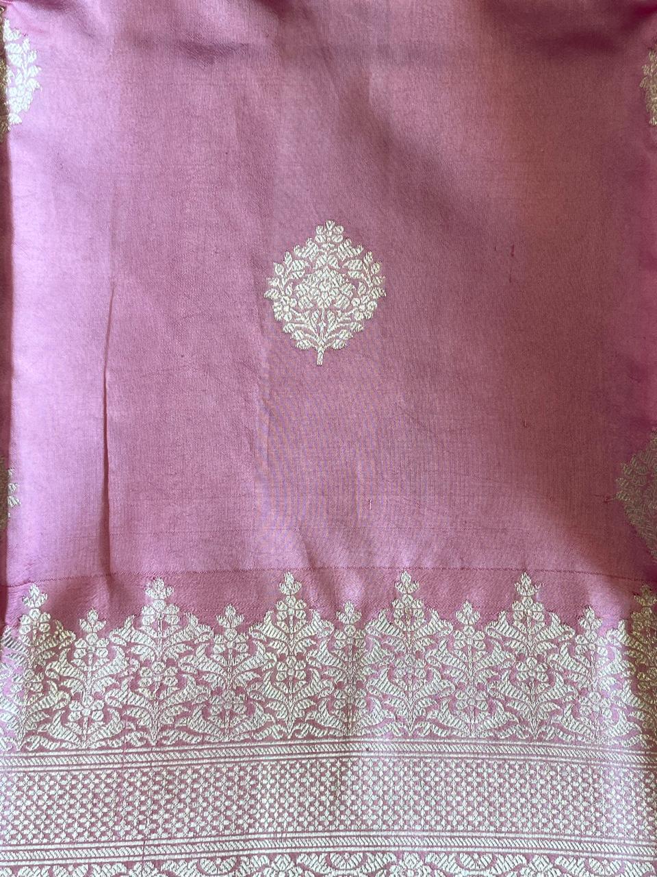 Sharmili: Silver Paisley Buttis on Blush Pink Banarasi