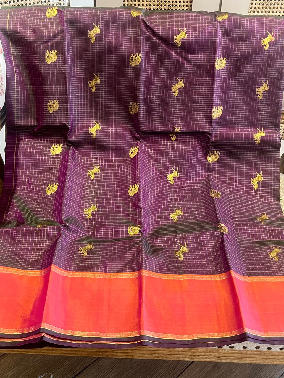 Ashwini: Purple Kattam Kanjeevaram, Korvai Coral Border