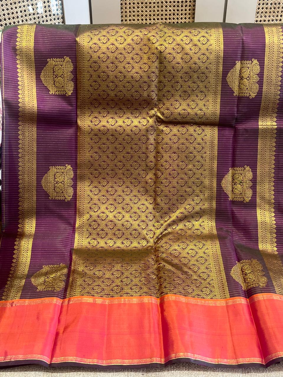 Ashwini: Purple Kattam Kanjeevaram, Korvai Coral Border