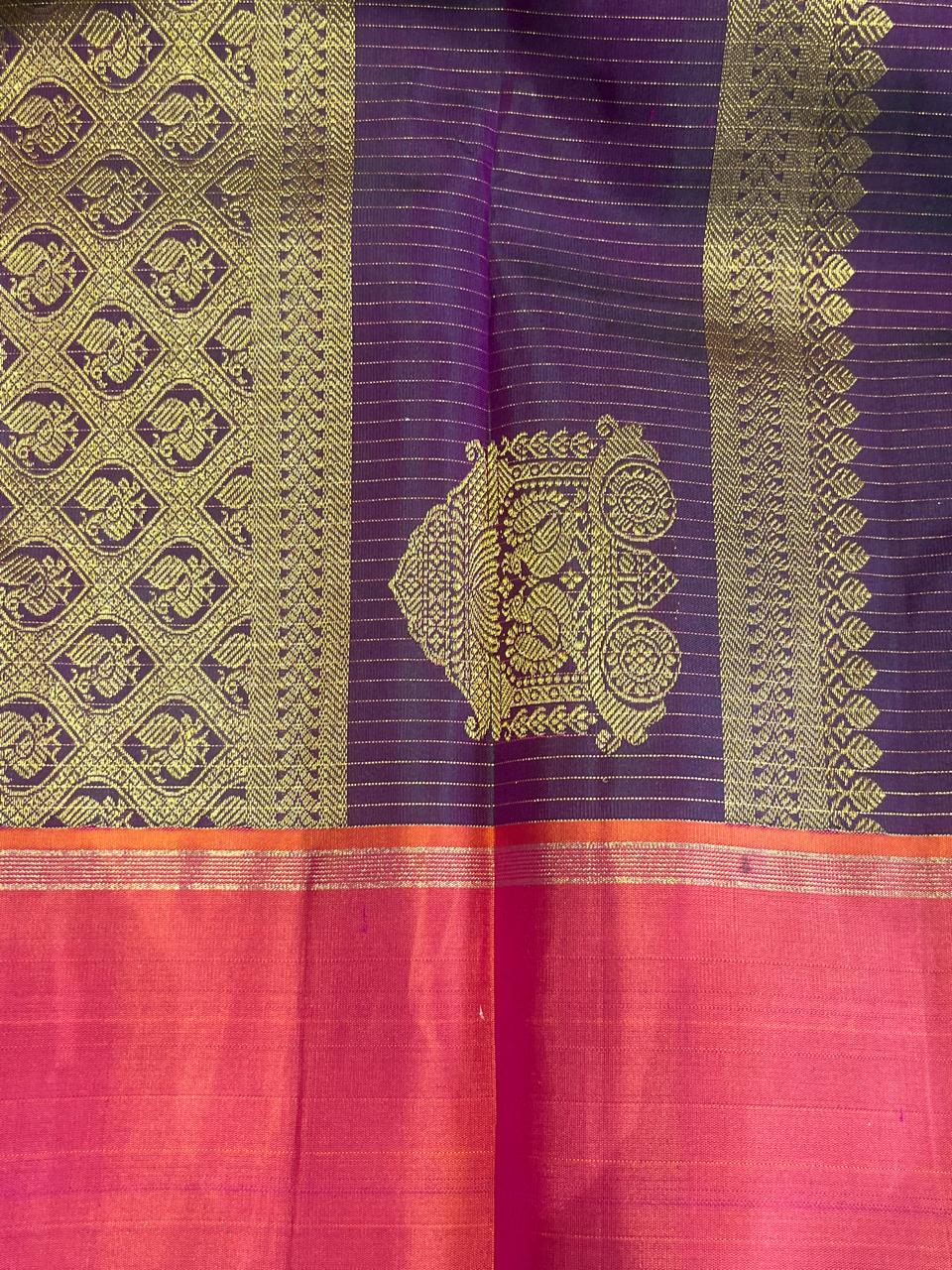 Ashwini: Purple Kattam Kanjeevaram, Korvai Coral Border