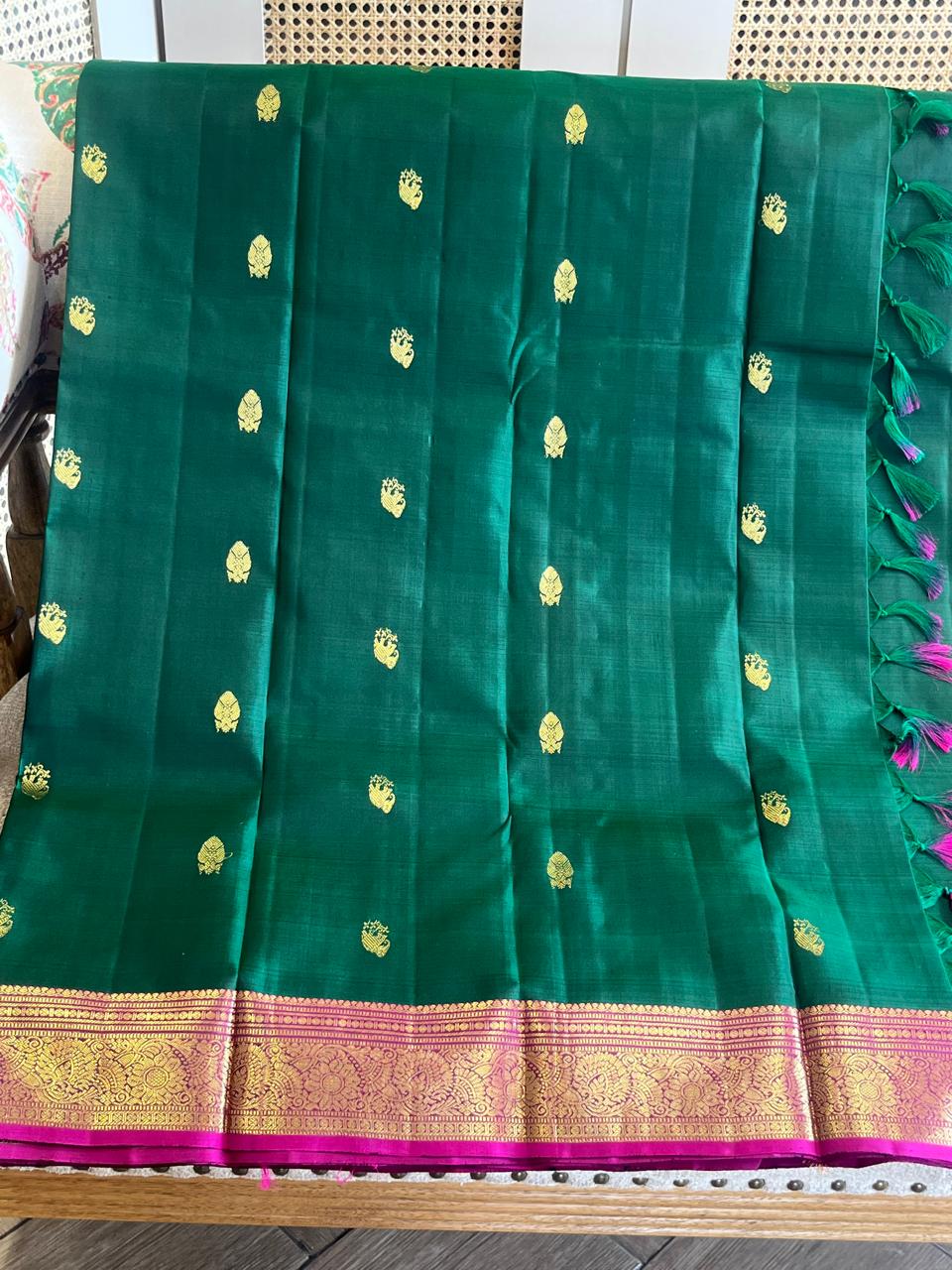 Panna: Emerald Green Kanjeevaram with Wide Magenta Border